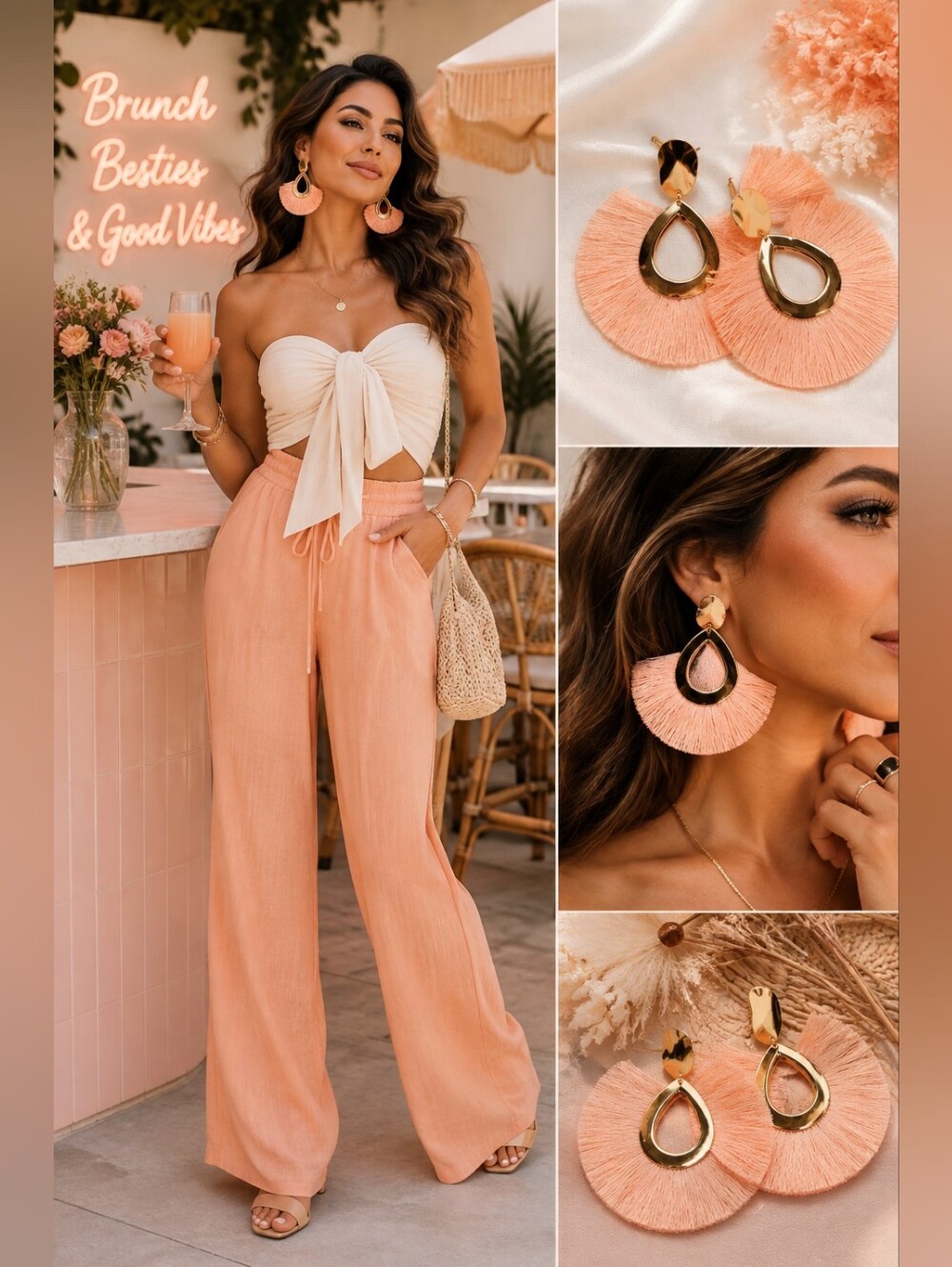 Peach Boho Fringe Water Drop Earrings | Gold Teardrop Statement Tassel Earrings